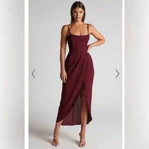 COPY - ANDRINA MIDI DRESS - HIGH LOW WRAP CORSET DRESS IN WINE